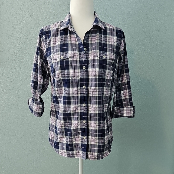 Eddie Bauer Navy and White Plaid Shirt - Picture 1 of 6